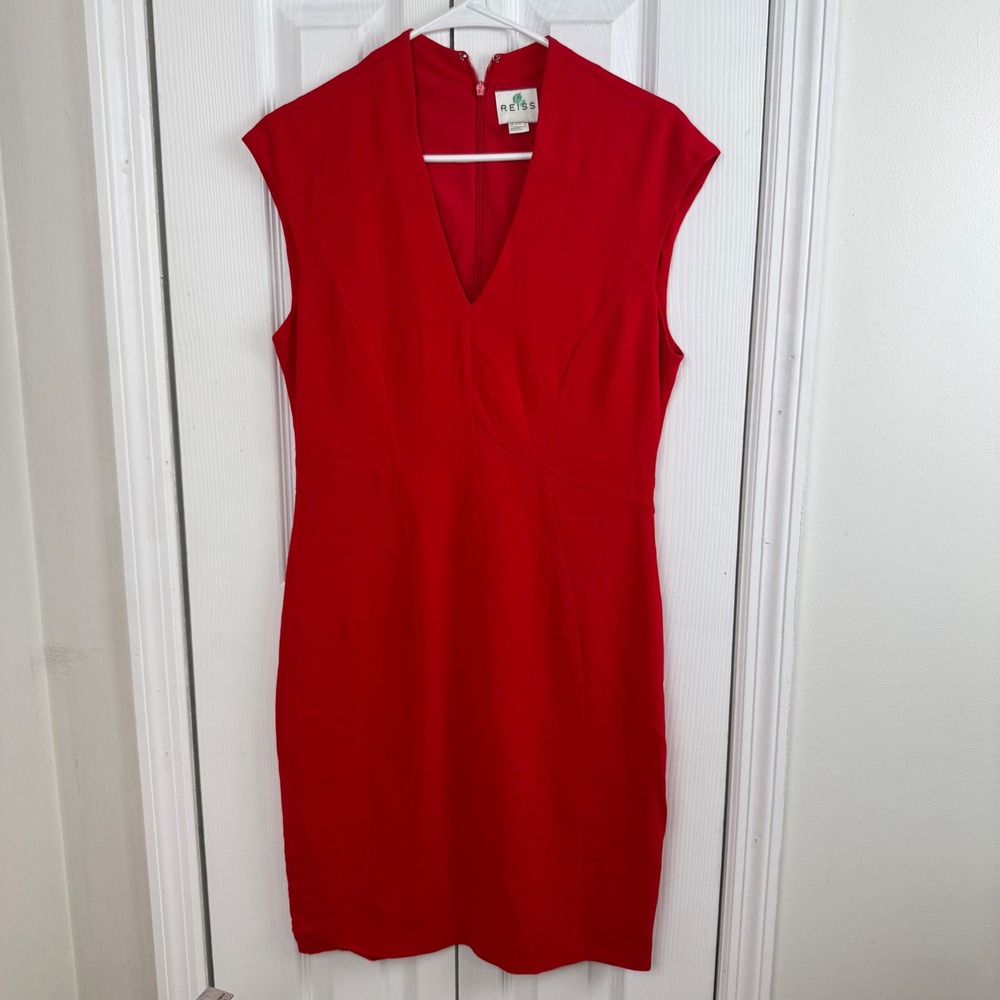Reiss‎ Sinara Red V-Neck Sleeveless Sheath Dress Size 8 Professional Workwear